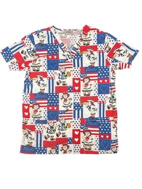 VTG Raggedy Ann & Andy patriotic red white blue scrub top cottagecore country